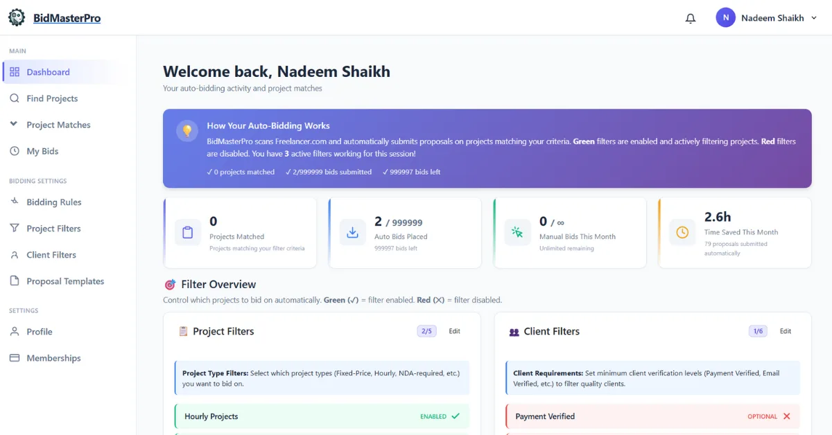 BidMasterPro auto-bidding dashboard showing live project matches, active filters, and time saved via automated Freelancer.com bids